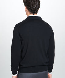 Black Merino Wool Long Sleeve Polo Shirt