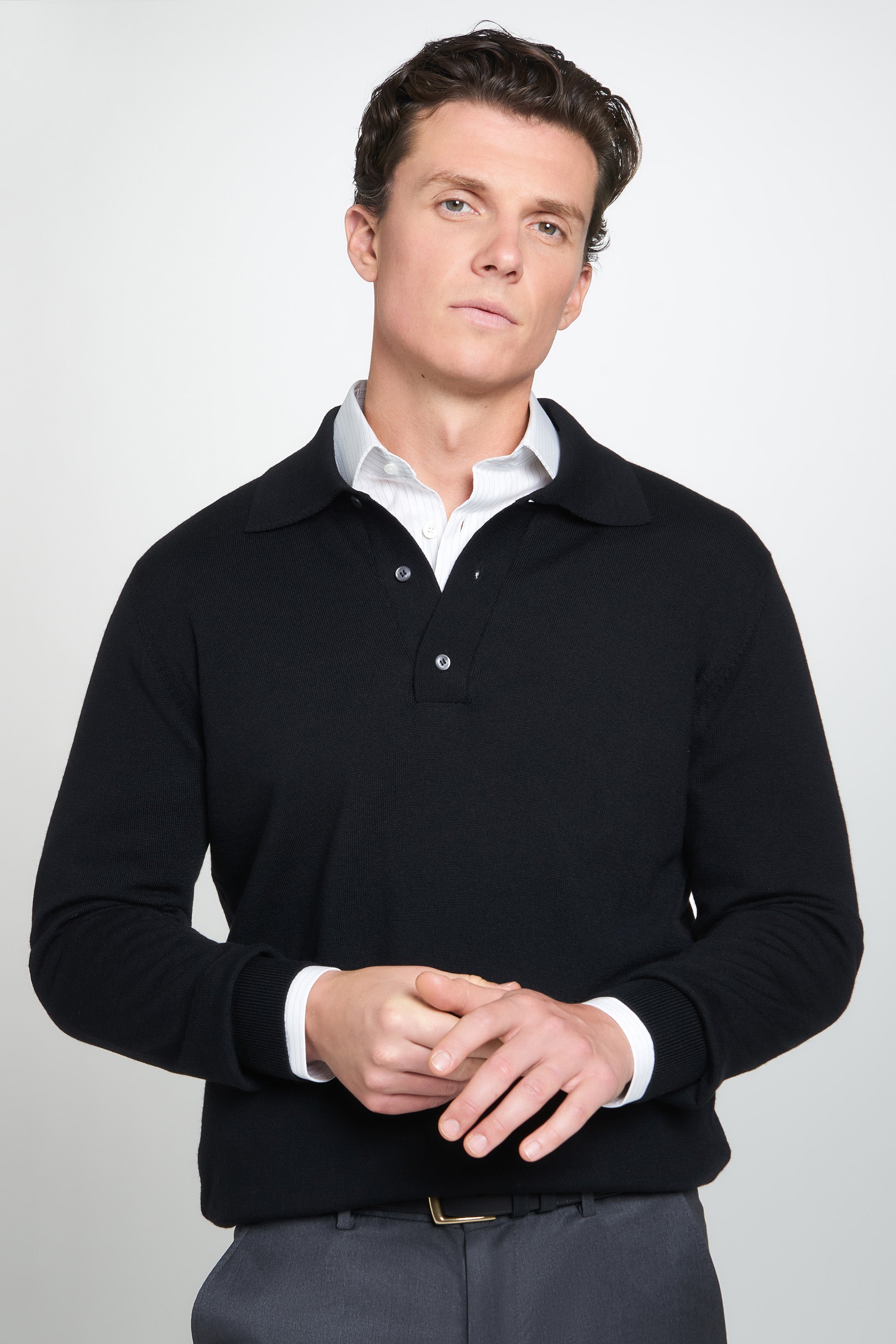 Black Merino Wool Long Sleeve Polo Shirt